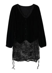 Chic Black V Neck Lace Patchwork Silk Velour Top Long Sleeve