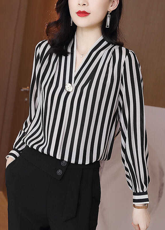 Chic Black V Neck Striped Patchwork Silk Shirt Tops Spring