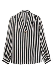 Chic Black V Neck Striped Patchwork Silk Shirt Tops Spring