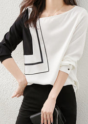 Chic Black White Asymmetrical Design Patchwork Chiffon Top Long Sleeve