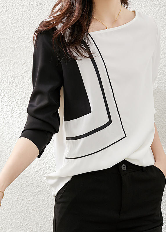 Chic Black White Asymmetrical Design Patchwork Chiffon Top Long Sleeve