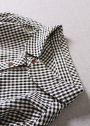 Chic Black White Plaid Pockets Button Tie Waist Fall Patchwork Dress Long sleeve - SooLinen