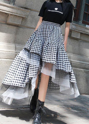 Chic Black White Plaid Ruffles Patchwork Lace Skirt Summer - SooLinen