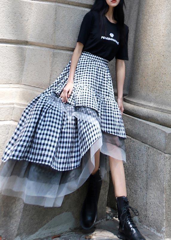 Chic Black White Plaid Ruffles Patchwork Lace Skirt Summer - SooLinen