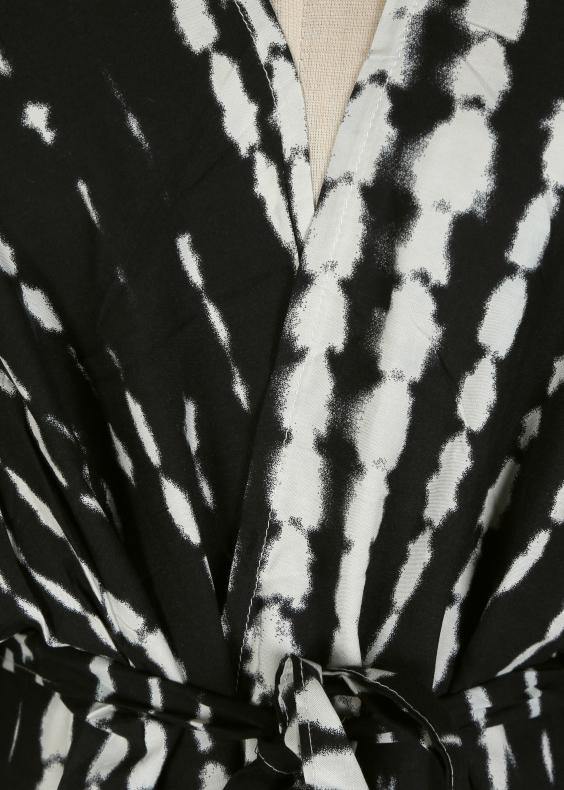 Chic Black White Print tie waist kimono robe Cotton Loose Coat Long - SooLinen