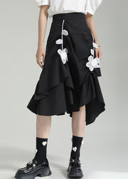 Chic Black Wrinkled Asymmetrical Floral Patchwork Cotton Skirt Fall