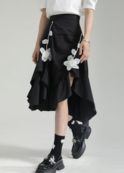 Chic Black Wrinkled Asymmetrical Floral Patchwork Cotton Skirt Fall