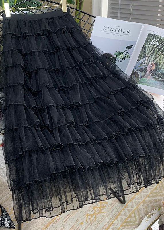 Chic Black Wrinkled Elastic Waist Tulle Skirts Summer