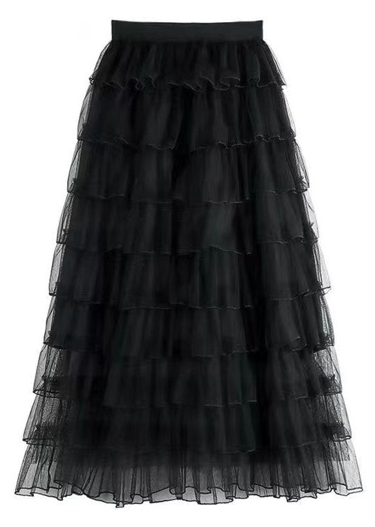Chic Black Wrinkled Elastic Waist Tulle Skirts Summer