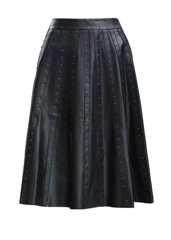 Chic Black Wrinkled Rivet High Waist Sheepskin Skirts Spring