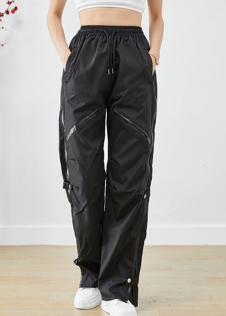 Chic Black Zip Up Patchwork Pockets Spandex Overalls Pants Fall