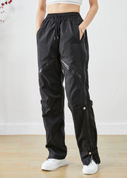 Chic Black Zip Up Patchwork Pockets Spandex Overalls Pants Fall