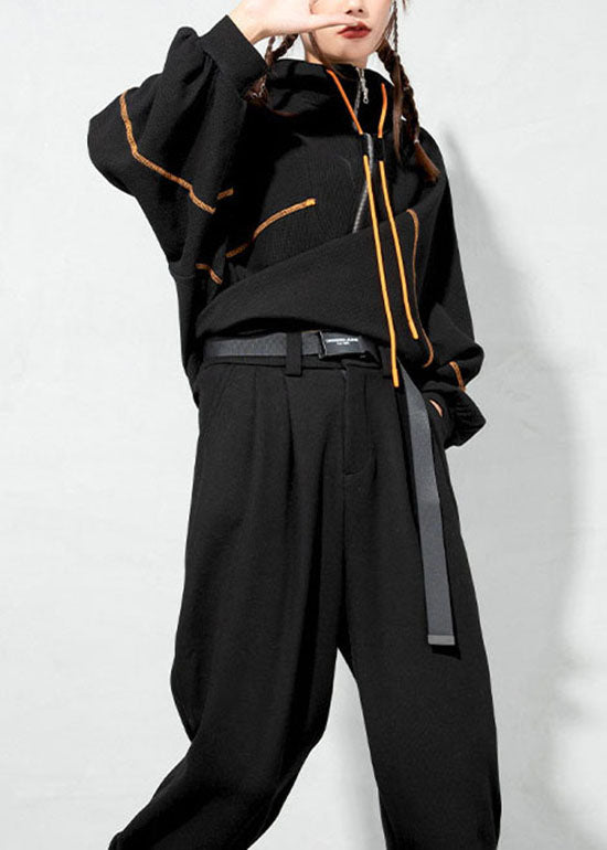 Schickes schwarzes Kapuzen-Sweatshirt aus warmem Fleece mit Kordelzug Frühling
