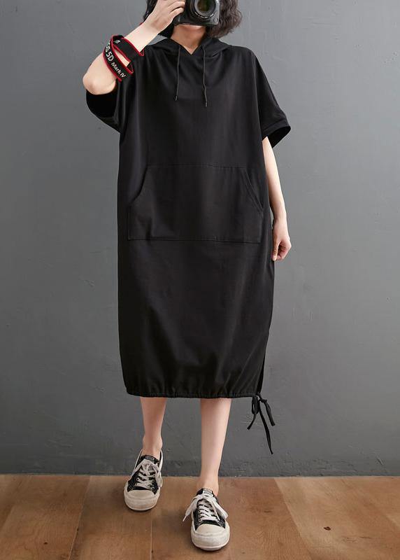 Chic Black hooded Pockets Mid Summer Cotton Dress - SooLinen