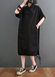 Chic Black hooded Pockets Mid Summer Cotton Dress - SooLinen