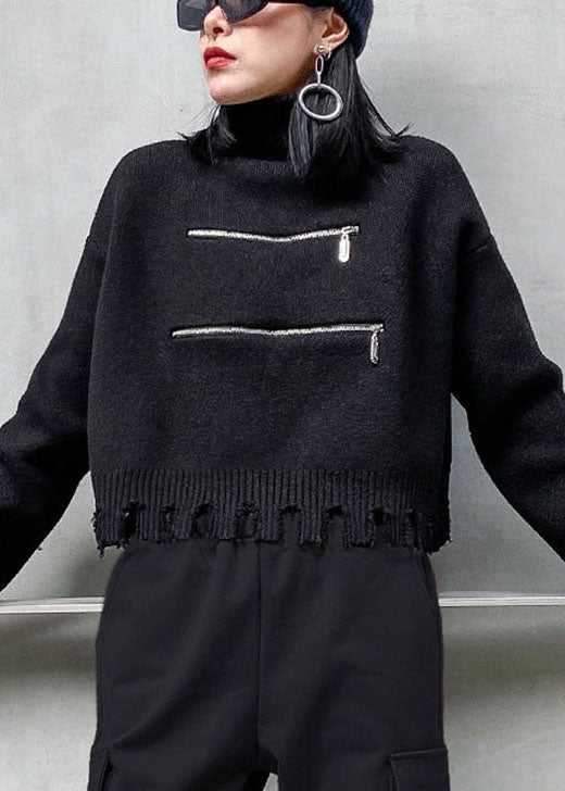 Schicker schwarzer Mode-Herbstpullover mit Reißverschluss und Troddeln