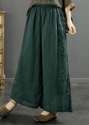 Chic Blackish Green Embroidered Side Open Linen Crop Pants Spring