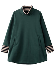 Chic Blackish Green High Neck Patchwork Cotton Pullover Sweatshirt Spring