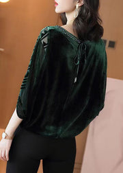 Chic Blackish Green Zircon Patchwork Silk Velour Top Batwing Sleeve
