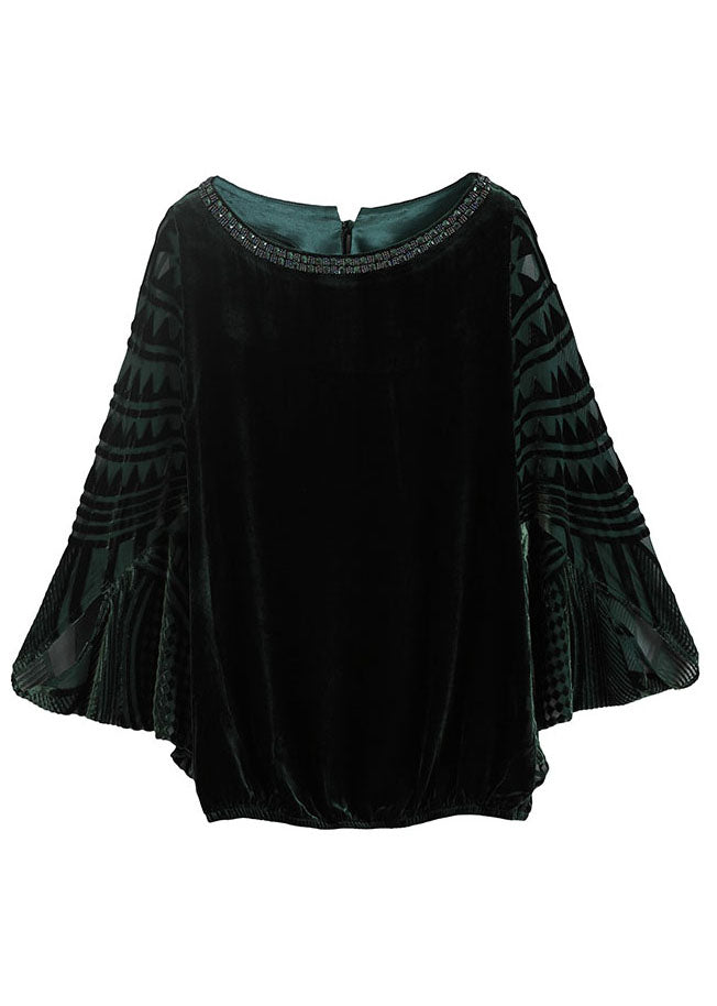Chic Blackish Green Zircon Patchwork Silk Velour Top Batwing Sleeve