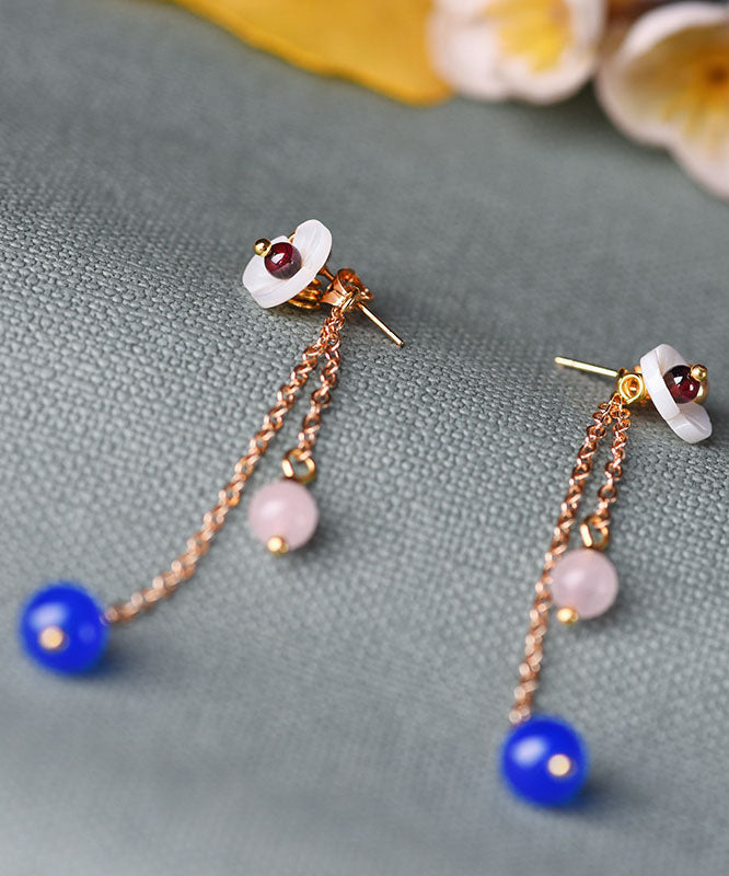 Chic Blue Agate Shellfish flower Tassel 14K Gold Drop Earrings
