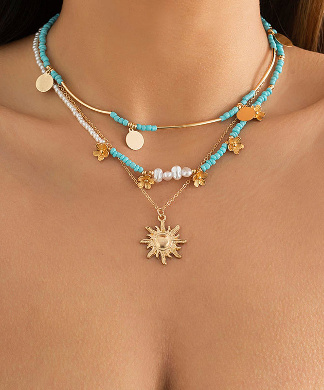Chic Blue Alloy Floral Rice Ball Detachable Pendant Necklace