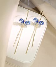 Chic Blue Alloy Zircon Butterfly Tassel Drop Earrings