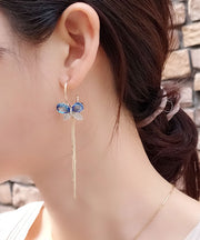 Chic Blue Alloy Zircon Butterfly Tassel Drop Earrings