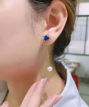 Chic Blue Alloy Zircon Pearl Floral Tassel Drop Earrings