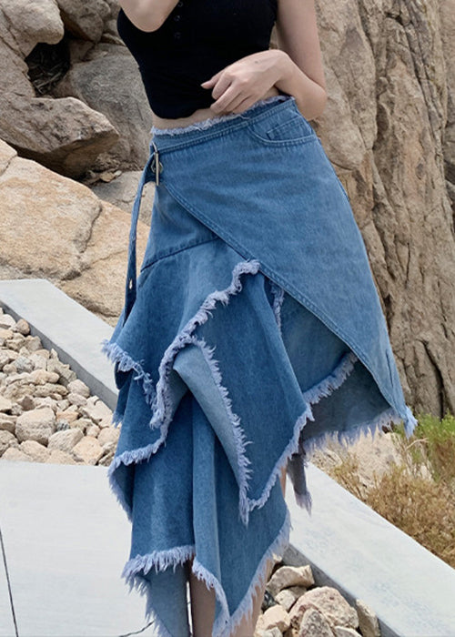 Chic Blue Asymmetrical High Waist Patchwork Denim Skirt Fall