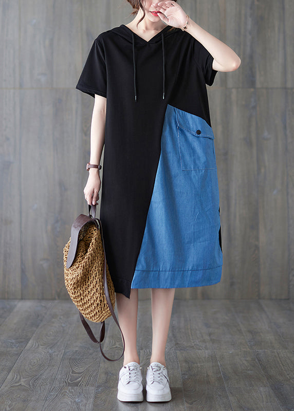 Chic Blue Black Hooded drawstring Patchwork Streetwear Dress Short Sleeve
