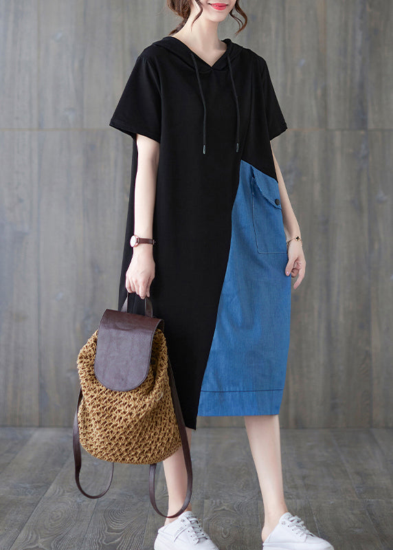 Chic Blue Black Hooded drawstring Patchwork Streetwear Dress Short Sleeve