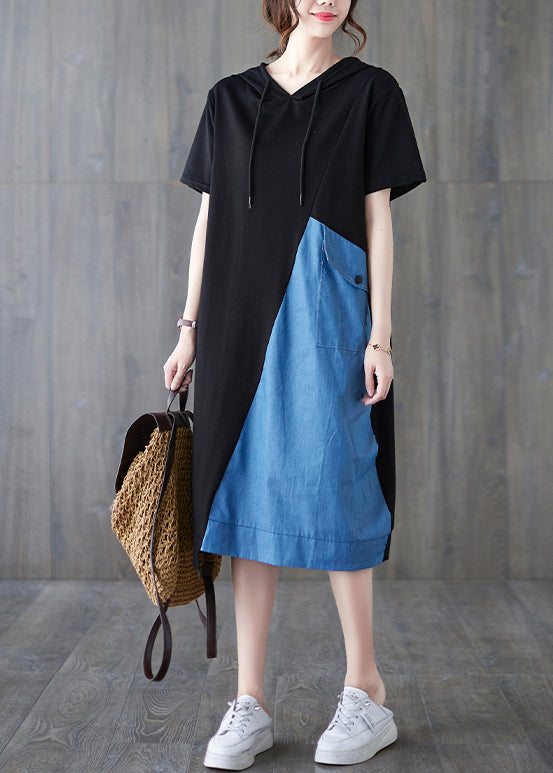 Chic Blau Schwarz Kapuzen-Patchwork-Streetwear-Kleid mit kurzen Ärmeln