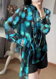 Chic Blue Bow Print Patchwork Chiffon Blouse Tops Fall