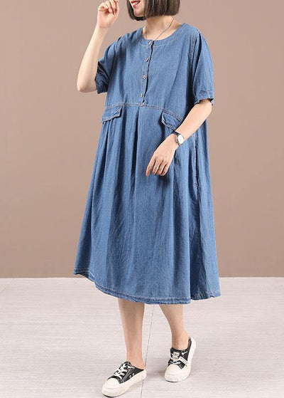 Chic Blue Button Cinched Denim Summer Dresses - SooLinen