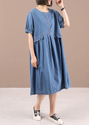 Chic Blue Button Cinched Denim Summer Dresses - SooLinen