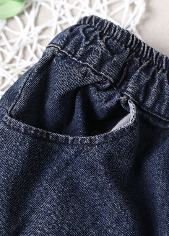 Chic Blue Casual Elastic Waist Pockets Harem Denim Fall Patchwork Pants