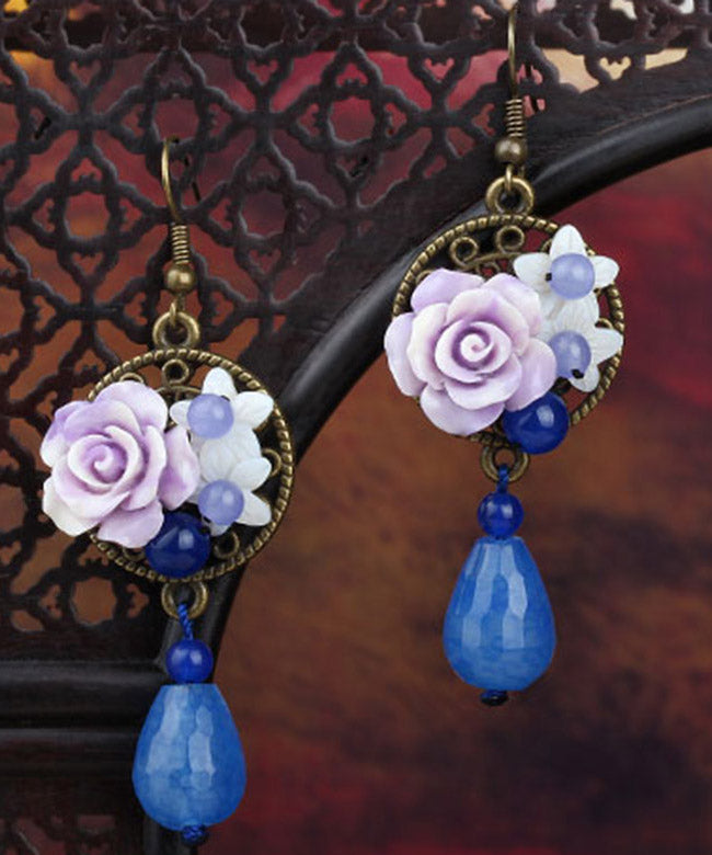 Chic Blue Copper Shell Flower Chalcedony Drop Earrings