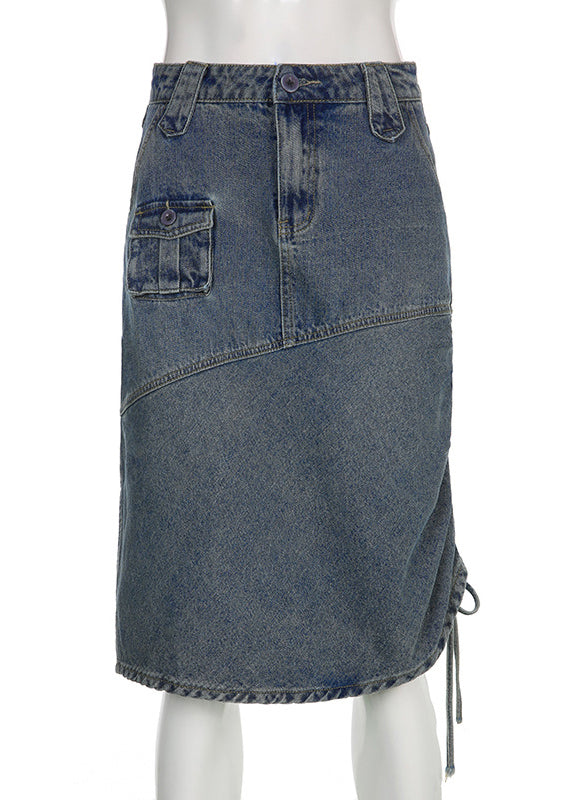 Chic Blue Drawstring Pockets Patchwork Denim Skirt Fall