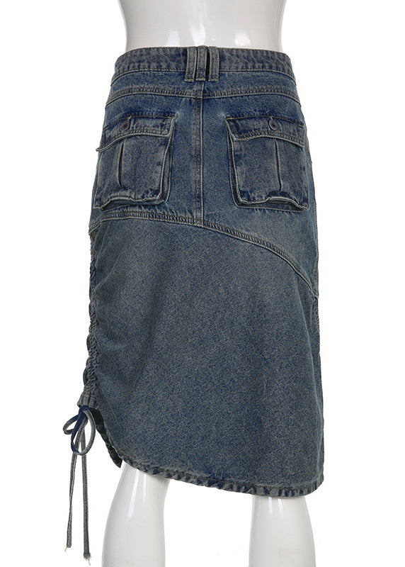 Chic Blue Drawstring Pockets Patchwork Denim Skirt Fall