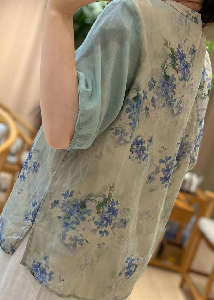 Chic Blue Embroidered Print Patchwork Linen Tops Half Sleeve