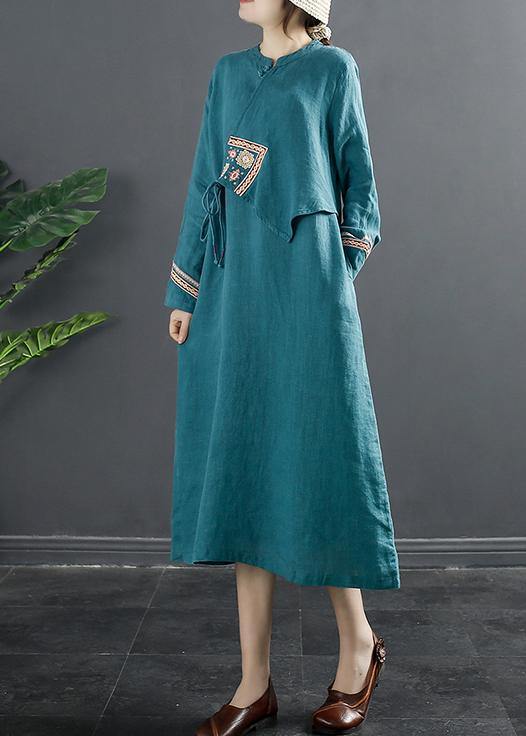 Chic Blue Embroidery Quilting Clothes Patchwork Loose Dresses - SooLinen