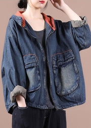 Chic Blue Hooded Pockets zippered Fall Denim Coat Long sleeve