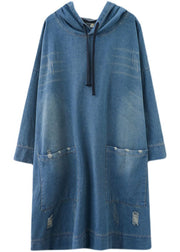 Schicke blaue Denim-Kleid mit Kapuze und Kordelzug Frühling