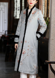 Chic Blue Jacquard Pockets Thick Winter Cotton Parkas Long sleeve