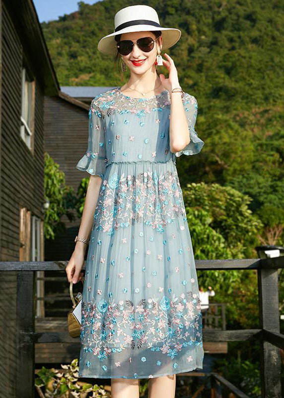 Chic Blue O-Neck Embroidered Ruffled Silk Vacation Dresses Short Sleeve