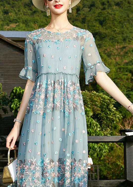 Chic Blue O-Neck Embroidered Ruffled Silk Vacation Dresses Short Sleeve