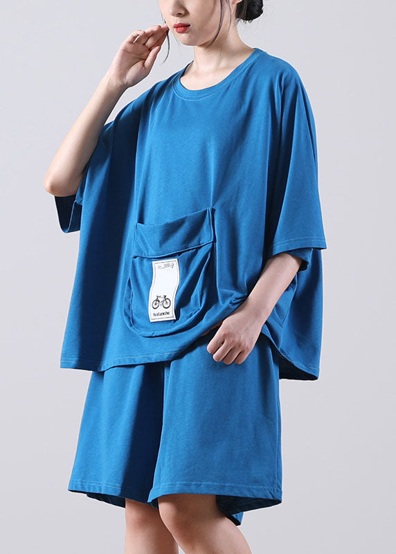 Chic Blue O-Neck Oversized Pocket Applique Cotton Tops And Shorts Two Pieces Set Summer