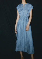 Chic Blue O-Neck Patchwork Linen Long Dresses Summer