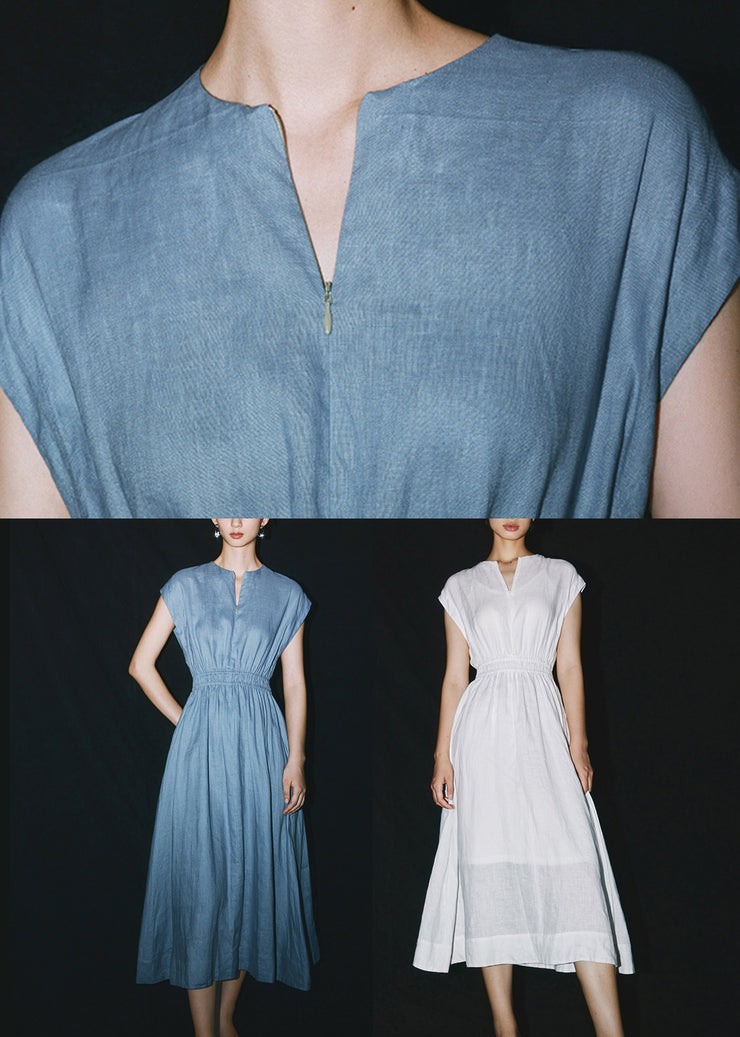 Chic Blue O-Neck Patchwork Linen Long Dresses Summer